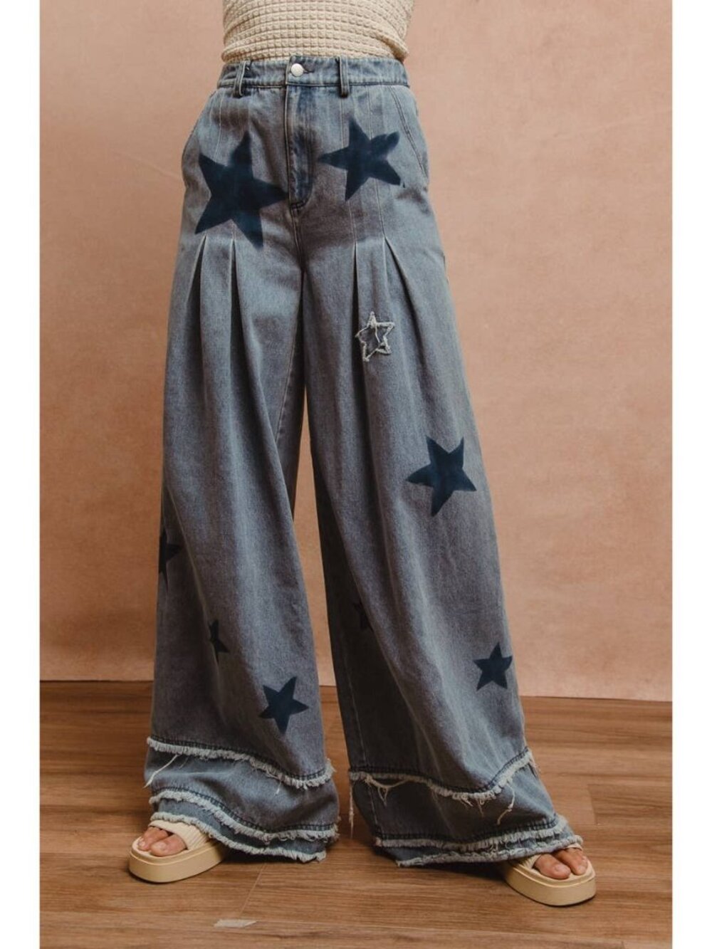 MINERAL WASHED DENIM STAR PATCHWORK WIDE PANTS WITH FRAYED HEM DETAIL